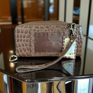 Elegant Brown Crocodile-Embossed Wristlet